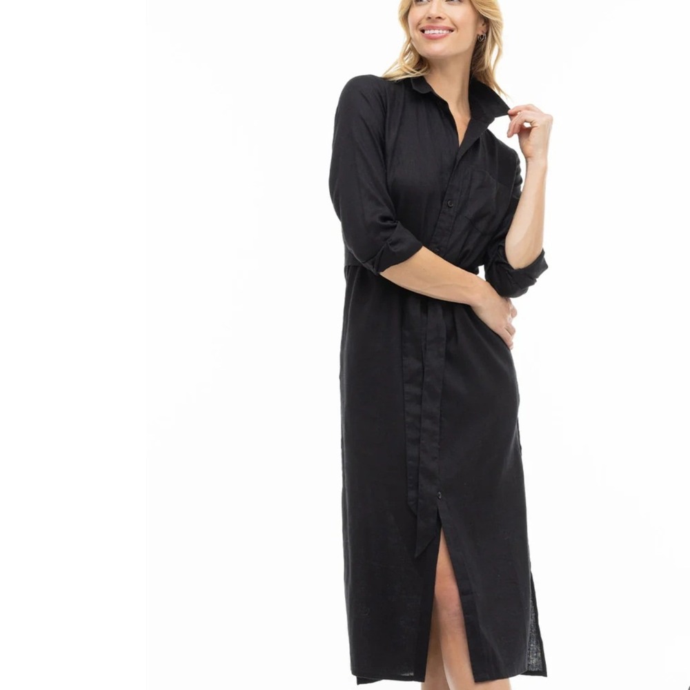 Pura Cashmere Black 100% Linen Midi Shirt Dress Waist Tie DWVN001-L‎